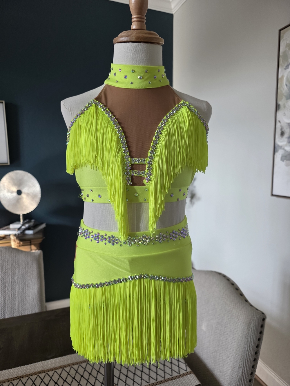 Source Unknown Neon Lime Fringe Dance Costume with Rhinestones